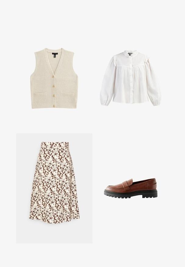 Cramekleurige gebreide mouwloze cardigan met V-hals, vier gouden knopen aan de voorkant en twee kleine voorkruimels.; Witte katoenen blouse met een hoge halslijn en ruffles, knopenfront en lange, bolle mouwen met elastische manchetten. Soepele textuur, casual stijl.; Object Petite OBJLEONORA MIDI SKIRT - A-lijn rok - sandshell; Bruine leren loafers met een verhoogde neus, decoratieve band en een geprofileerde zwarte rubberen zool met opvallend profiel.