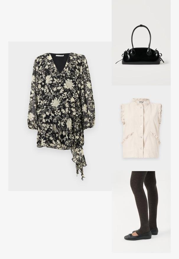 Cream sleeveless button-up vest with ruffled trim on collar, armholes, and pockets, laid flat on a white background.; Black floral wrap dress featuring long sleeves, a V-neck, and a ruffled hem. The fabric is lightweight and semi-sheer with a contrasting floral pattern.; Legs wearing dark ribbed leggings paired with black ballet flats featuring small bow details on a white background.; Small black glossy handbag with two long handles and side drawstring details on a plain light background.