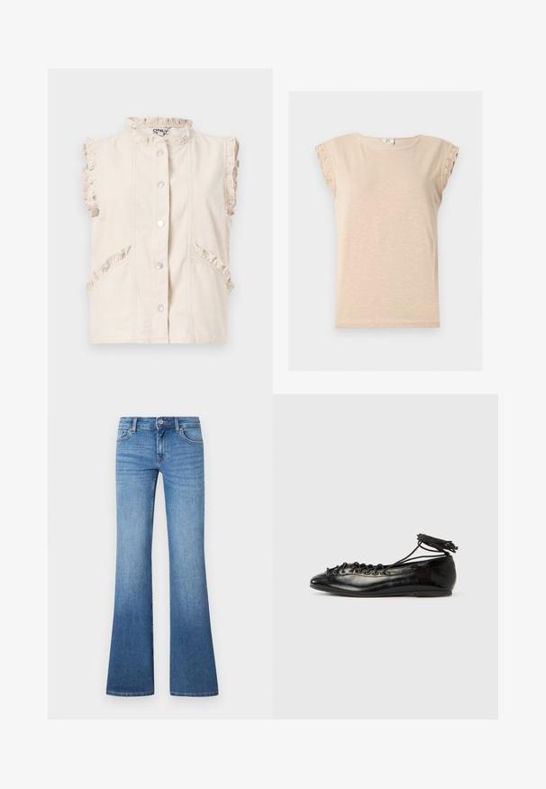 Cream sleeveless button-up vest with ruffled trim on collar, armholes, and pockets, laid flat on a white background.; Beige short-sleeve shirt with round neckline and lace trim on sleeves, made of lightweight fabric.; Light blue flared jeans made from denim. Features a five-pocket design, metal button closure, and subtle fading near the knees.; Black patent leather ballet flats with a rounded toe, lace-up design, and a flat sole. Smooth texture with minimal detailing.