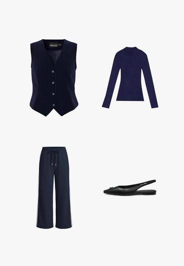 Navyblauw gestreepte gilet met vijf knopen, V-hals ontwerp en twee zijzakken. Gemaakt van soepel stof met een gestructureerde pasvorm.; Marineblauwe geribbelde coltrui met lange mouwen. Heeft een aansluitend ontwerp en een zachte textuur. Gemaakt van rekbaar materiaal.; Marineblauwe wijde broek met elastische tailleband, trekkoord, zakken aan de zijkant en witte strepen langs de buitennaden.; Zwarte leren slingback plat met spitse neus en kleine decoratieve strik aan de voorkant, zijaanzicht op witte achtergrond.