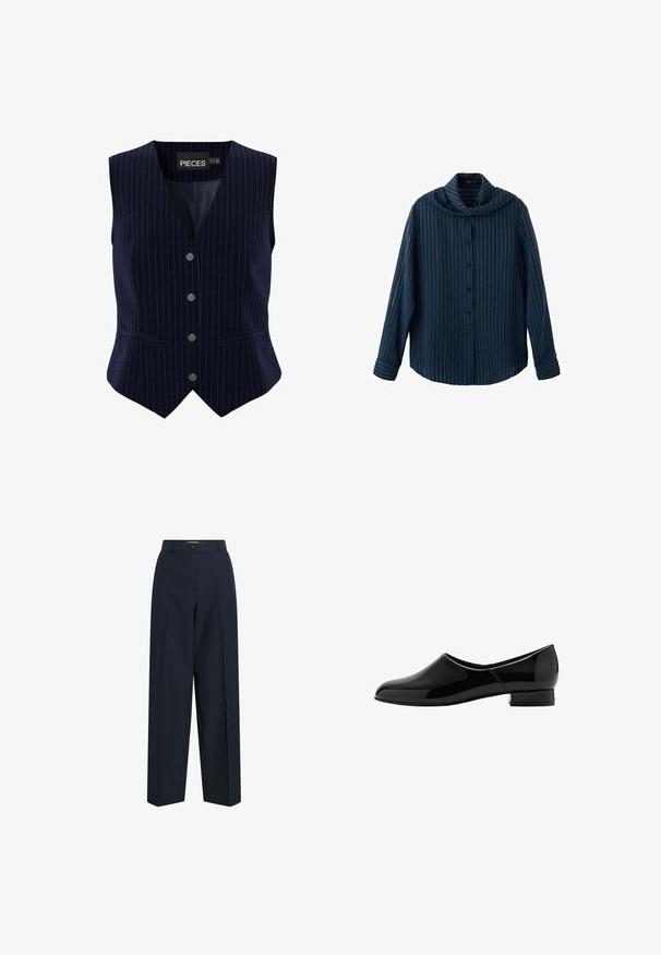 Navyblauw gestreepte gilet met vijf knopen, V-hals ontwerp en twee zijzakken. Gemaakt van soepel stof met een gestructureerde pasvorm.; Marineblauw overhemd met lange mouwen, witte verticale krijtstreepjes en een brede, vallende kraag.; Marineblauwe op maat gemaakte broek met rechte pijpen, riemlussen en een enkele knoopsluiting in de taille.; Zwarte gepatineerde leren instapschoen met een ronde neus en een lage blokhak. Glad oppervlak, minimalistisch ontwerp, geen zichtbare versieringen.