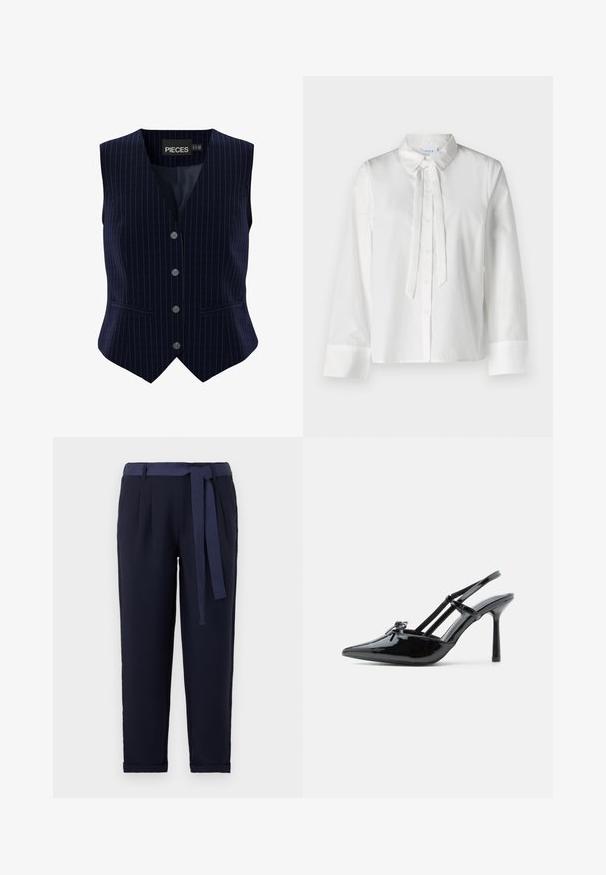 Gilet bleu marine à rayures avec cinq boutons, design en V et deux poches latérales. Fait en tissu lisse avec une coupe structurée.; Chemisier blanc à manches longues avec un col, fermeture à boutons sur le devant et un détail de cravate au niveau du col. Tissu lisse et design court.; Pantalons navy en tissu doux, dotés d'une large ceinture avec une boucle, d'un devant plissé et de poignets retroussés, offrant une apparence soignée.; Chaussure slingback à talon haut en cuir verni noir, avec bout pointu, talon fin et double brides décoratives sur le cou-de-pied.