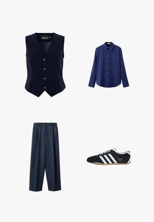 Navyblauw gestreepte gilet met vijf knopen, V-hals ontwerp en twee zijzakken. Gemaakt van soepel stof met een gestructureerde pasvorm.; Marineblauw shirt met lange mouwen en een button-down kraag, voorzien van goudkleurige knopen, gladde stof en een losse pasvorm. Klassiek ontwerp met zijsplitten.; Marineblauwe wijde broek met krijtstreep, voorzien van lussen voor een riem en zijzakken, met een frontplooi en ritssluiting.; Zwarte suède sneaker met witte drie strepen, gouden logo en een bruine rubberen zool. Heeft een laag profiel vetersluiting ontwerp.