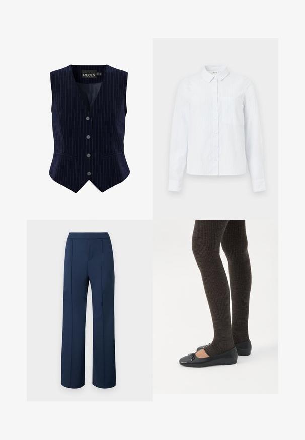 Gilet bleu marine à rayures avec cinq boutons, design en V et deux poches latérales. Fait en tissu lisse avec une coupe structurée.; Chemise boutonnée à manches longues de couleur bleu clair avec un col, des rayures verticales et une poche poitrine. Fabriquée en tissu doux.; Pantalon bleu marine à jambe droite avec un devant plat, taille haute et des plis subtils courant le long de chaque jambe.; Jambes portant des leggings côtelés foncés associés à des ballerines noires avec de petits détails en nœud sur fond blanc.