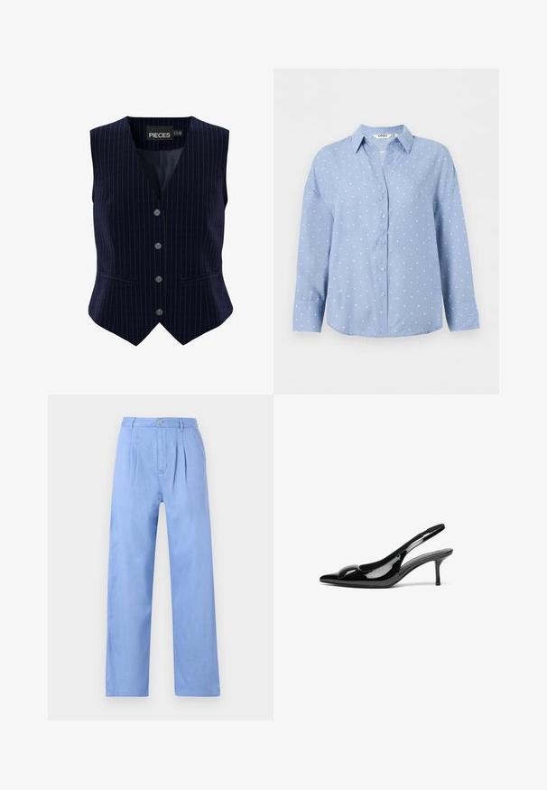 Chaleco azul marino a rayas con cinco botones, diseño de escote en V y dos bolsillos laterales. Hecho de una tela suave con un ajuste estructurado.; Camisa azul claro de manga larga con botones, lunares blancos y cuello puntiagudo, mostrada sobre un fondo blanco liso.; Pantalones de lino azul claro con un frente con pliegues, cintura alta y un diseño de pierna recta. Presentan un cierre de botón en la cinturilla.; Tacones slingback de charol negro con punta afilada y acabado brillante. Presentan un tacón delgado y un acento redondeado en el empeine.
