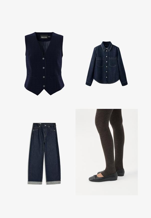 Navyblauw gestreepte gilet met vijf knopen, V-hals ontwerp en twee zijzakken. Gemaakt van soepel stof met een gestructureerde pasvorm.; Donkerblauw denimoverhemd met lange mouwen, knoopsluiting aan de voorkant, twee borstzakken en zichtbare witte stikseldetails.; Donkerblauwe wijde spijkerbroek met opgerolde boorden, ontwerp met vijf zakken en knoopsluiting in de taille, plat gelegd op een witte achtergrond.; Benen met donkere geribbelde leggings gecombineerd met zwarte ballerina's met kleine strikdetails op een witte achtergrond.