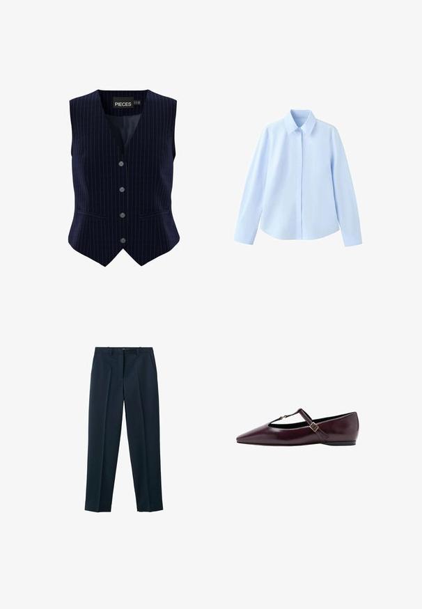 Navyblauw gestreepte gilet met vijf knopen, V-hals ontwerp en twee zijzakken. Gemaakt van soepel stof met een gestructureerde pasvorm.; Lichtblauw overhemd met lange mouwen en knopen en een puntige kraag, afgebeeld op een witte achtergrond.; Nette, donkerblauwe herenbroek met riemlussen, voorplooien en zijzakken, weergegeven op een witte achtergrond.; Puntige ballerina in donker bordeauxleer. Voorzien van een T-band met een kleine gesp en een lage hak. Gladde textuur met minimale accenten.