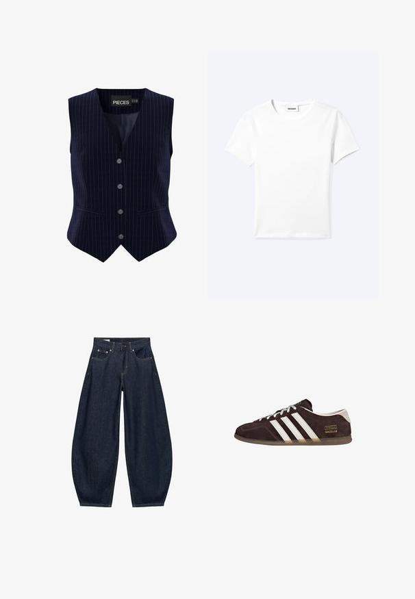 Marineblå vest med nålestriber, fem knapper, V-udskæring og to sidelommer. Lavet af glat stof med en struktureret pasform.; Ensfarvet hvid t-shirt med korte ærmer og rund halsudskæring med en lille "WEEKDAY" label indeni halskanten, vist fladt på en lys baggrund.; Mørkeblå vidde jeans med frontlommer, bæltestropper og knaplukning i taljen.; Brune ruskindssneakers med tre hvide striber, gummisål og tekstlabel med ordene "Gazelle" i guld. Snørebåndsdesign med grå snørebånd.