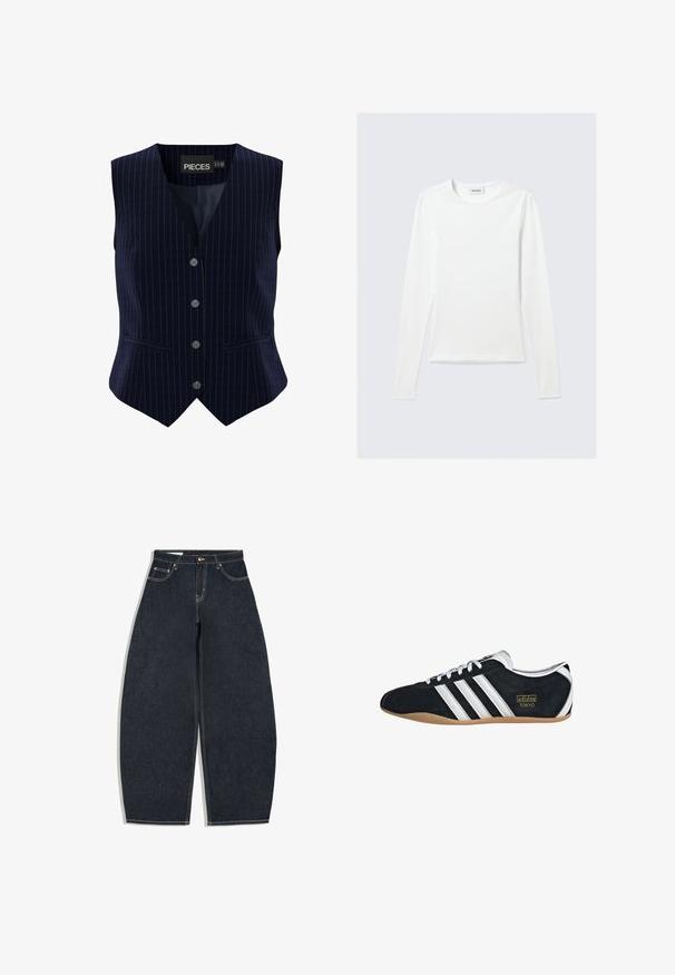 Gilet sans manches bleu marine à fines rayures avec quatre boutons sur le devant et deux petites poches passepoilées, étiquette portant la mention "PIECES" à l’intérieur du col.; T-shirt blanc uni à manches longues avec col rond et coupe slim, présenté sur un fond gris clair.; Jean denim bleu foncé à jambes larges, taille haute, bouton à l'avant, fermeture éclair et design à cinq poches sur fond blanc.; Sneakers en suede noir avec trois bandes blanches, logo doré et semelle en caoutchouc marron. Présente un design à lacets à profil bas.