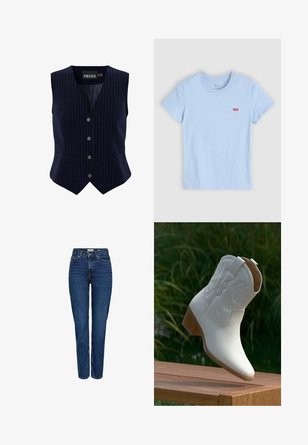 Chaleco azul marino a rayas con cinco botones, diseño de escote en V y dos bolsillos laterales. Hecho de una tela suave con un ajuste estructurado.; Camiseta de algodón azul claro con cuello redondo y mangas cortas. Presenta un pequeño parche del logo rojo de Levi's en el lado izquierdo del pecho.; Vaqueros de mezclilla azul oscuro con diseño de pierna recta, cintura alta, cinco bolsillos, costuras claras y un acabado sutilmente texturizado.; Bota vaquera blanca de cuero hasta media pantorrilla con costuras decorativas y tacón apilado de madera, descansando sobre una superficie de madera al aire libre.