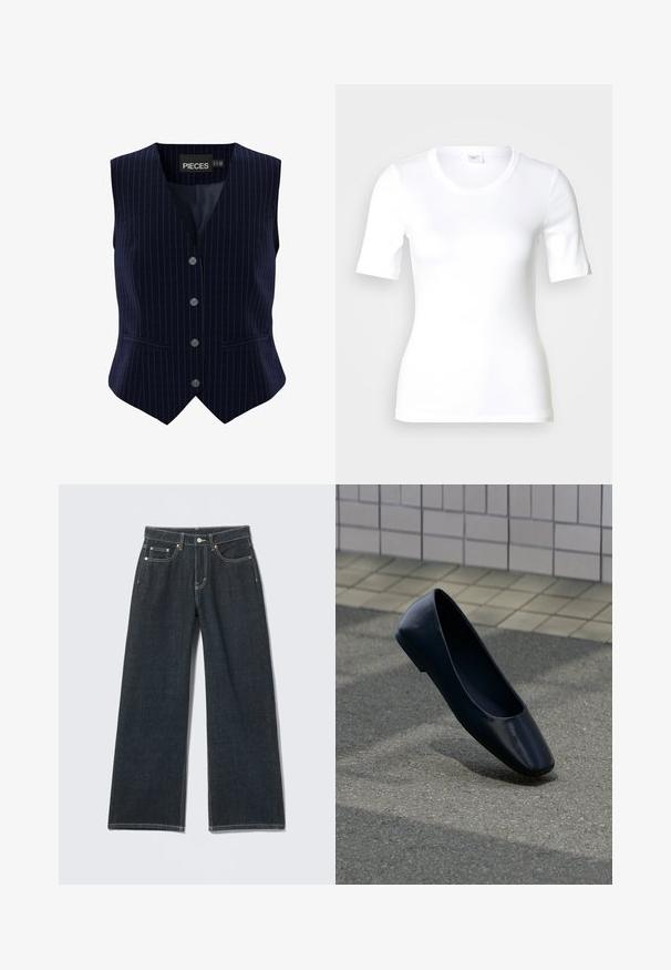 Navyblauw gestreepte gilet met vijf knopen, V-hals ontwerp en twee zijzakken. Gemaakt van soepel stof met een gestructureerde pasvorm.; Wit T-shirt met korte mouwen van glad katoen, met een ronde halslijn en een aangesloten pasvorm. Klassiek ontwerp, zonder patronen of accenten.; Donkerblauwe jeans met wijde pijpen, knoopsluiting aan de voorkant, rits, lussens voor riem en vijf zakken, tegen een lichte effen achtergrond.; Zwarte leren platte schoen staat rechtop op een asfaltoppervlak nabij de rand van een betegeld trottoir.