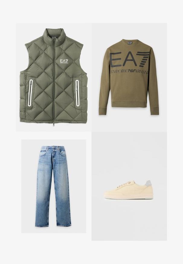 Chaleco acolchado de color verde oliva con cuello alto, cremallera frontal y dos bolsillos con cremallera. Presenta detalles en blanco y un logo en el pecho.; Sudadera de manga larga verde oliva con el logo negro de EA7 Emporio Armani impreso en el pecho y puños y bajo acanalados.; Vaqueros de pierna ancha en azul claro con bolsillos delanteros, trabillas para el cinturón y cierre de botón sobre un fondo liso.; Zapatilla deportiva beige de corte bajo con cierre de cordones en la parte delantera, suela rosa claro y lengüeta trasera gris con la marca "Filling Pieces", mostrada de perfil sobre un fondo liso.