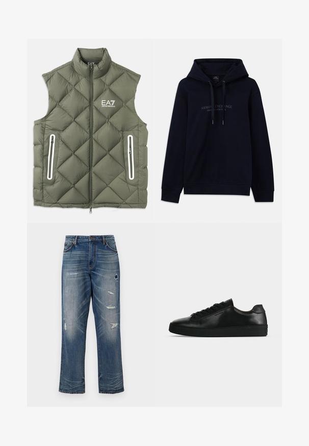 Olivgrüne, gesteppte Pufferweste mit hohem Kragen, Frontreißverschluss und zwei mit Reißverschluss versehenen Taschen. Mit weißen Akzenten und Logo auf der Brust.; Navyblaue Kapuzenjacke mit Kordelzügen und dem Aufdruck "Armani Exchange Milano / New York" auf der Brust, mit gerippten Bündchen und Saum.; Blaue Denim-Jeans mit lockerer Passform, die abgenutzte Flicken und Ausbleichungen aufweisen. Sie haben normale Taschen und sichtbare Nähte.; Schwarzer niedriger Ledersneaker mit schwarzen Schnürsenkeln und dicker schwarzer Sohle, von der Seite auf hellgrauem Hintergrund gezeigt.