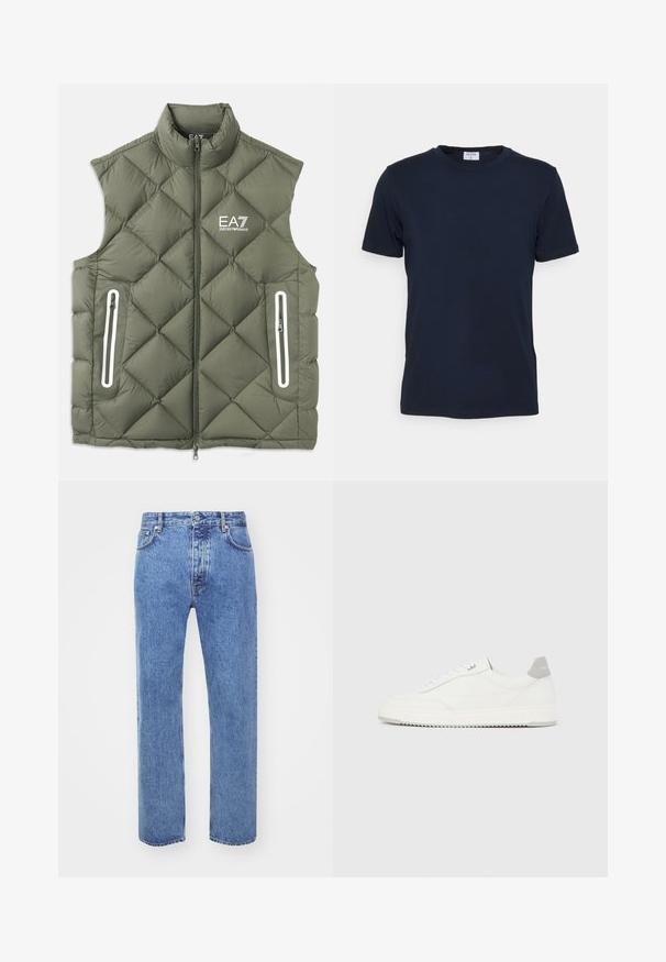 Chaleco acolchado de color verde oliva con cuello alto, cremallera frontal y dos bolsillos con cremallera. Presenta detalles en blanco y un logo en el pecho.; Camiseta de cuello redondo en azul marino, fabricada con tejido suave. Tiene mangas cortas y un corte clásico, con una etiqueta en el cuello. Textura lisa y diseño minimalista.; Won Hundred STEVE - Vaqueros boyfriend - cut blue; Zapatilla blanca de corte bajo con pestaña en el talón gris, cordones blancos y suela texturizada, presentada sobre un fondo claro y liso.
