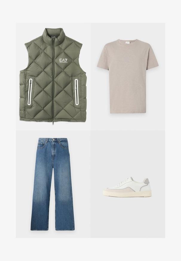Olivgrüne, gesteppte Pufferweste mit hohem Kragen, Frontreißverschluss und zwei mit Reißverschluss versehenen Taschen. Mit weißen Akzenten und Logo auf der Brust.; Helles beige T-Shirt mit kurzen Ärmeln aus weichem, strukturiertem Stoff. Verfügt über einen Rundhalsausschnitt und ein dezentes Logodetail am Saum.; Breite blaue Denim-Jeans mit klassischem Fünf-Taschen-Design, Knopfverschluss vorne und leichtem Verblassen für Textur.; Weiße Sneaker mit glattem Lederobermaterial, grauen Wildledereinsätzen, tonaler Naht und einer strukturierten, cremefarbenen Gummisohle. Minimalistisches Design.