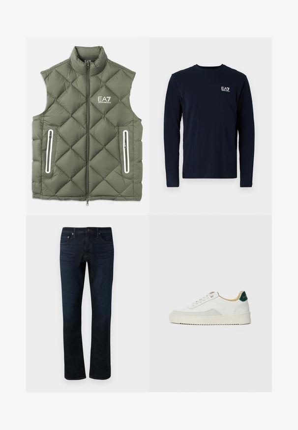 Chaleco acolchado de color verde oliva con cuello alto, cremallera frontal y dos bolsillos con cremallera. Presenta detalles en blanco y un logo en el pecho.; Camiseta de manga larga azul marino de algodón, con cuello redondo y un pequeño logo blanco de EA7 en el lado izquierdo del pecho. Textura suave.; Jeans de mezclilla azul oscuro con corte recto, que presentan un diseño clásico de cinco bolsillos y detalles de costura sutiles.; Zapatilla blanca con acentos de ante, puntera redondeada, cordones planos y suela de goma color crema. Presenta un logo verde en el talón.