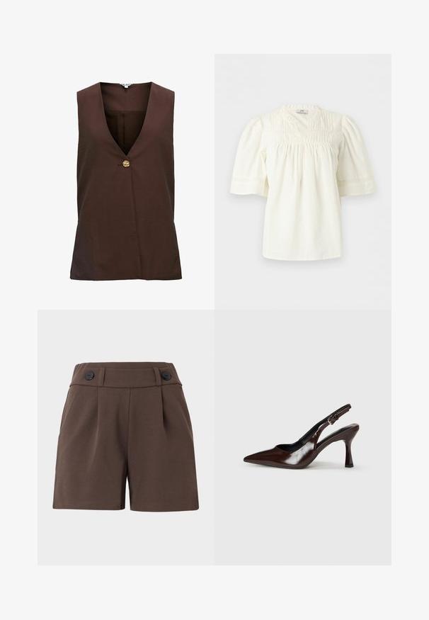 Gilet sans manches couleur brun foncé avec un col en V, doté d'un seul bouton décoratif doré à l'avant, en tissu texturé.; Blouse blanche à manches courtes avec encolure ronde, plis creux sur le devant et détails en dentelle, manches amples légèrement bouffantes.; Shorts bruns en tissu texturé, avec une taille haute, des plis et deux boutons noirs à l'avant. Conception taillée avec des poches latérales.; Talons slingback en cuir verni brun avec un bout pointu, un talon fin, et une sangle réglable avec une petite boucle.