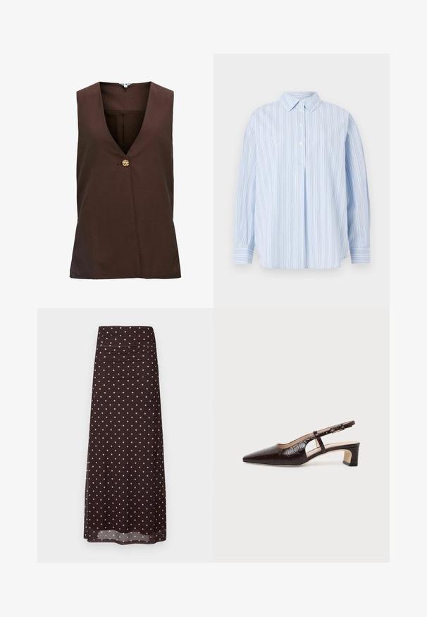 Gilet sans manches couleur brun foncé avec un col en V, doté d'un seul bouton décoratif doré à l'avant, en tissu texturé.; Chemise bleu clair à manches longues avec des rayures verticales blanches, trois boutons blancs sur la patte de boutonnage avant, et un col classique sur fond uni.; Jupe longue marron à pois rose clair, avec une taille légèrement froncée et une silhouette droite et fluide.; Chaussure slingback en cuir marron foncé à texture crocodile, bout pointu, talon bas bloc et bride ajustable avec boucle dorée.