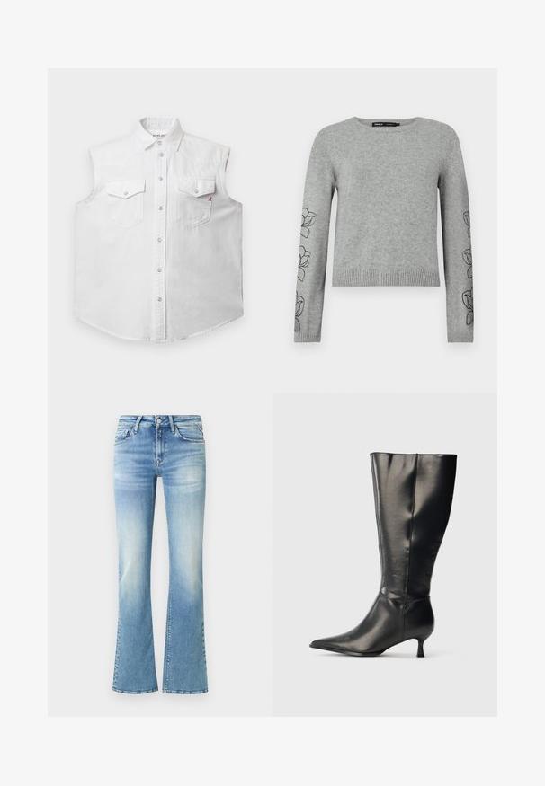 Camisa sin mangas blanca de tela vaquera de algodón, con un cuello clásico, cierre frontal de botones, dos bolsillos en el pecho y un sutil bordado de una "R" roja.; Suéter gris de punto con mangas largas, dobladillo acanalado y bordado floral en las mangas. Cuello redondo y material texturizado.; Vaqueros de campana azul claro hechos de mezclilla; presentan un diseño de cinco bolsillos, áreas desteñidas en los muslos y un dobladillo cosido en el tobillo.; Bota negra de cuero hasta la rodilla, con punta afilada y tacón bajo tipo kitten, mostrada sobre un fondo claro y sencillo.