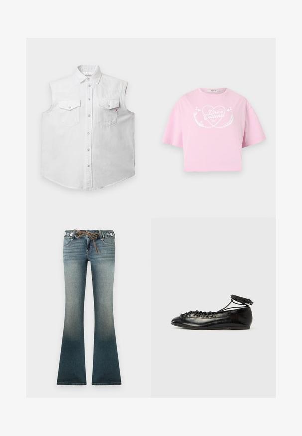 Camisa sin mangas blanca de tela vaquera de algodón, con un cuello clásico, cierre frontal de botones, dos bolsillos en el pecho y un sutil bordado de una "R" roja.; Camiseta corta de color rosa claro con diseño de corazón blanco y texto "Chica Caliente" en el frente, mangas cortas y escote redondo.; Pantalones vaqueros acampanados en un degradado de azul claro a oscuro, con una cinturilla bordada y un cordón marrón para un detalle adicional.; Zapatos planos tipo ballet de charol negro con punta redondeada, diseño con cordones y suela plana. Textura lisa con detalles mínimos.