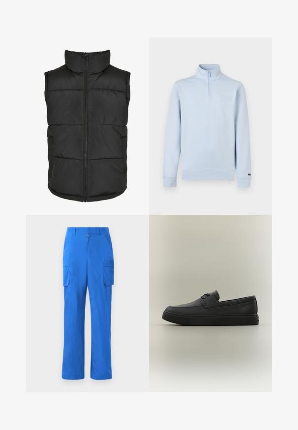 Must have kõrge kaelusega must voodri vest, ees tõmblukuga ja ilma varrukateta. Omab tikitud osi ja külge taskuid praktilisuse jaoks.; Heleroheline pikkade varrukatega pullover kvartlizapiga, kõrge krae, rinnal reljeefne brändiplaat ja vasakul mansetil väike logo.; Sinised kaubanduslikud püksid kergest kangast, sirge jala disainiga, küljetaskute ja tõmblukkuga.; Must nahast vabaaja loafer, millel on paeltega detailid ja paks kummist tald, nähtav küljelt neutraalsel taustal.