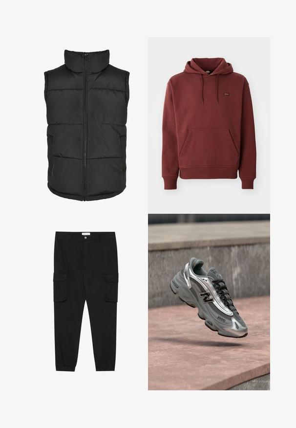 Sort polstret vest med høj krave, frontlynlås og uden ærmer. Har kviltede sektioner og sidelommer for praktisk brug.; Bordeaux hoodie lavet af blødt materiale med en kængurulomme, ribbede ærmer og kant, samt et lille logotag på brystet.; Sorte cargo-bukser med lige ben, elastiske manchetter og flere side lommer. Lavet af tekstureret stof med knaplukning.; Grå og sølvfarvet New Balance-sneaker mærket "1000", der svæver over en rosafarvet stenet overflade med en grå stenvæg i baggrunden.