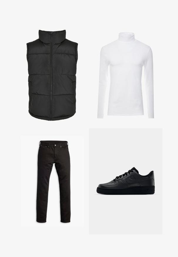 Zwarte gewatteerde vest met een hoge kraag, ritssluiting aan de voorkant en zonder mouwen. Heeft gestepte delen en zijzakken voor praktische doeleinden.; Witte lange mouw turtleneck-shirt gemaakt van zachte, rekbare stof. Heeft een hoge kraag en een aangesloten ontwerp, wat zorgt voor een gestroomlijnde uitstraling.; Zwarte denimjeans met een rechte pasvorm, zijzakken en een knoopsluiting. De stof heeft een soepele textuur en minimale details.; Zwarte Nike Air Force 1 sneaker met een gladde leren bovenkant, geperforeerde neus voor ademend vermogen, zwarte veters en een getextureerde rubberen zool.