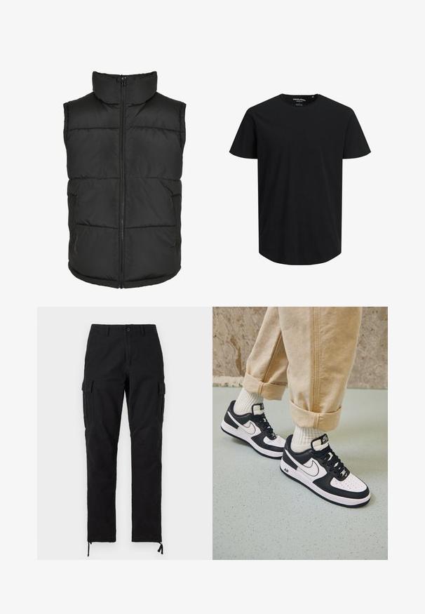 Chaleco acolchado negro con cuello alto, cremallera frontal y sin mangas. Presenta secciones acolchadas y bolsillos laterales para mayor practicidad.; Camiseta negra de manga corta hecha de algodón orgánico. Presenta un escote redondo y un corte recto. Sin patrones ni acentos visibles.; Pantalones cargo negros de corte recto con botón y cremallera delanteros, bolsillos laterales con solapa, trabillas para cinturón y cordones ajustables en el tobillo.; Zapatillas Nike Air Force 1 en blanco y negro con parte superior de cuero, puntera perforada y detalle de suela texturizada, combinadas con pantalones beiges remangados y calcetines blancos.