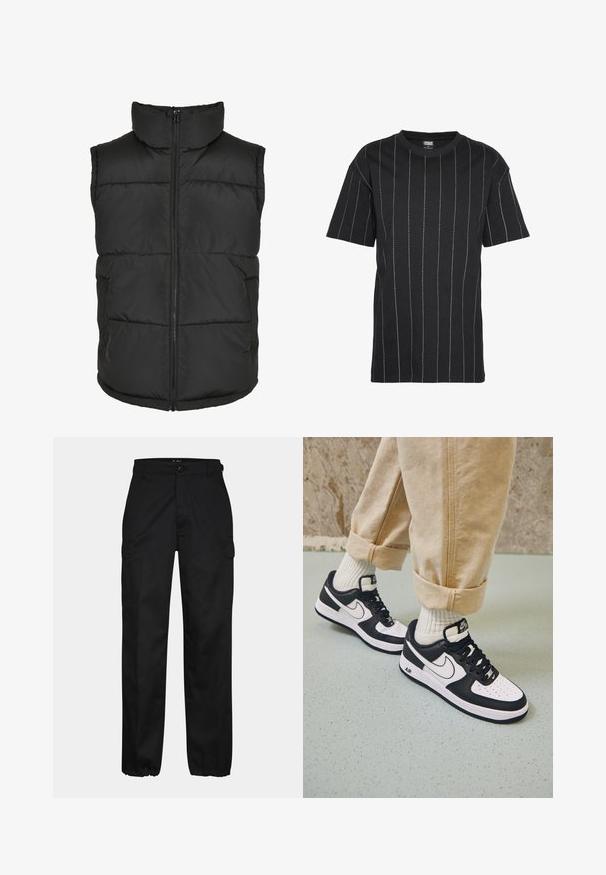 Chaleco acolchado negro con cuello alto, cremallera frontal y sin mangas. Presenta secciones acolchadas y bolsillos laterales para mayor practicidad.; Camiseta negra de manga corta, con rayas verticales blancas y cuello redondo. Fabricada en un suave material de algodón.; Pantalones cargo negros con corte recto, con bolsillos laterales, cierre de botón y puños elásticos en los tobillos. Fabricados con material resistente.; Zapatillas Nike Air Force 1 en blanco y negro con parte superior de cuero, puntera perforada y detalle de suela texturizada, combinadas con pantalones beiges remangados y calcetines blancos.