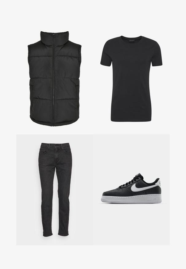 Must have kõrge kaelusega must voodri vest, ees tõmblukuga ja ilma varrukateta. Omab tikitud osi ja külge taskuid praktilisuse jaoks.; Must musta T-särk, ümmarguse kaelusega, lühikeste varrukatega ja regulaarse lõikega. Omab siledat tekstuuri ja minimalismi rõhutavat disaini.; Mustad denim püksid sobiva lõikega, viis taskut, vööde aasad ja peened õmblusest detailid. Kulunud tekstuur kangal.; Must musta sneaker tekstureeritud pinnaga, valge Nike logo, hall tald, ümar varv ja paeltega disain. Omab perforatsioone varbakasti peal.