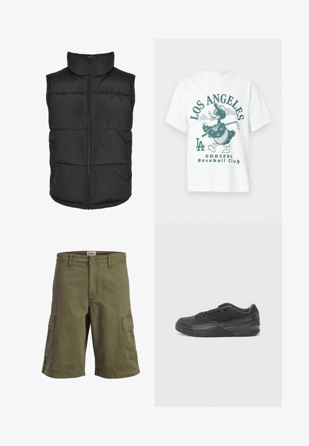 Must have kõrge kaelusega must voodri vest, ees tõmblukuga ja ilma varrukateta. Omab tikitud osi ja külge taskuid praktilisuse jaoks.; Valge T-särk rohelise kujutisega pardist, kes kannab pesapallimütsi ja hoiab märki, tekstiga „Los Angeles Dodgers Baseball Club“.; Rohelised sirgetüüpi lühikesed püksid küljetaskute, rihmaaasade ja nööpkinnitusega, esitletud tavalise valge tausta ees.; Musthave must mustmustmust ühendavad mugavuse ja toe: must nubukist sneaker, millel on tekstureeritud võrgupaneel, kummist välistald, pehmendusega kaelus ja tonalne õmblus.