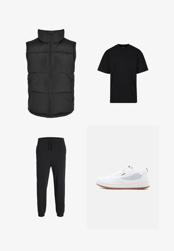 Must have kõrge kaelusega must voodri vest, ees tõmblukuga ja ilma varrukateta. Omab tikitud osi ja külge taskuid praktilisuse jaoks.; Mustast lühikeste varrukatega ümara kaelusega T-särk, lõdva istuvusega, lihtsa disainiga, ilma nähtavate logode või mustriteta.; Mustad mustad, pehmest kangast, elastse vöökoha ja stringiga, elastsete mansettidega pahkluude juures.; Valge nahast spordijalats, millel on tekstuuriga disain, beež kummist tallaosa ja hallid aktsendid. Logo on näha küljel ja keelal.