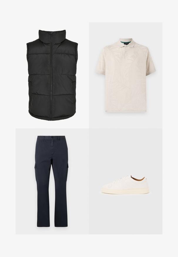 Must have kõrge kaelusega must voodri vest, ees tõmblukuga ja ilma varrukateta. Omab tikitud osi ja külge taskuid praktilisuse jaoks.; Bež polo särk, mis on valmistatud tekstuuriga kangast ja millel on peen palmilehe muster. Sellel on klassikaline krae ja kaeluses kaks nööpi.; Tumesinine cargo püksid, mis on valmistatud puuvilla segakangast, küljetaskudega, sirge lõikega ning lame esiosa koos nupukinnitusega.; Valge madala lõikega toss, millel on paeltega sulandumise disain, minimaalsete õmbluse detailidega ja koorevärvilise tallaga helehallil taustal.