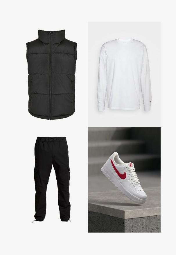 Chaleco acolchado negro con cuello alto, cremallera frontal y sin mangas. Presenta secciones acolchadas y bolsillos laterales para mayor practicidad.; Camiseta blanca de manga larga hecha de algodón. Diseño de cuello redondo con puños acanalados y un pequeño logo en la manga izquierda. Textura suave.; Pantalones cargo negros hechos de un tejido duradero, con cintura elástica, cordones ajustables y bolsillos laterales con solapa.; Zapatilla blanca Nike Air Force 1 con logo rojo swoosh, flotando sobre un saliente de concreto y escaleras al fondo.