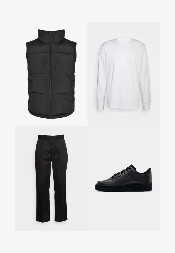 Chaleco acolchado negro con cuello alto, cremallera frontal y sin mangas. Presenta secciones acolchadas y bolsillos laterales para mayor practicidad.; Camiseta blanca de manga larga hecha de algodón. Diseño de cuello redondo con puños acanalados y un pequeño logo en la manga izquierda. Textura suave.; Pantalones negros hechos de una tela suave, con un diseño de pierna recta, trabillas para cinturón y dos bolsillos laterales. Un aspecto clásico sin adornos.; Zapatilla Nike Air Force 1 negra con parte superior de cuero liso, puntera perforada para transpirabilidad, cordones negros y suela de goma texturizada.