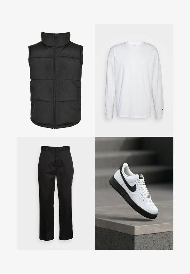 Chaleco acolchado negro con cuello alto, cremallera frontal y sin mangas. Presenta secciones acolchadas y bolsillos laterales para mayor practicidad.; Camiseta blanca de manga larga hecha de algodón. Diseño de cuello redondo con puños acanalados y un pequeño logo en la manga izquierda. Textura suave.; Pantalones negros hechos de una tela suave, con un diseño de pierna recta, trabillas para cinturón y dos bolsillos laterales. Un aspecto clásico sin adornos.; Zapatilla deportiva de cuero blanco con detalles en negro, punta redondeada y detalles perforados. Suela de goma negra con patrón texturizado y cierre de cordones.