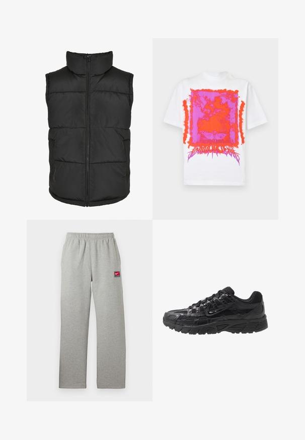 Chaleco acolchado negro con cuello alto, cremallera frontal y sin mangas. Presenta secciones acolchadas y bolsillos laterales para mayor practicidad.; Camiseta blanca de manga corta con gráfico rectangular abstracto en rosa brillante y naranja y texto estilizado en la parte inferior central del delantero.; Pantalones deportivos grises con cintura elástica, corte recto y un pequeño parche con el logo de Nike en rojo y blanco en el lado izquierdo. Textura suave.; Zapatilla deportiva negra con parte superior de malla y sintético, superficie texturizada, diseño de cordones y suela de goma con patrón para tracción.