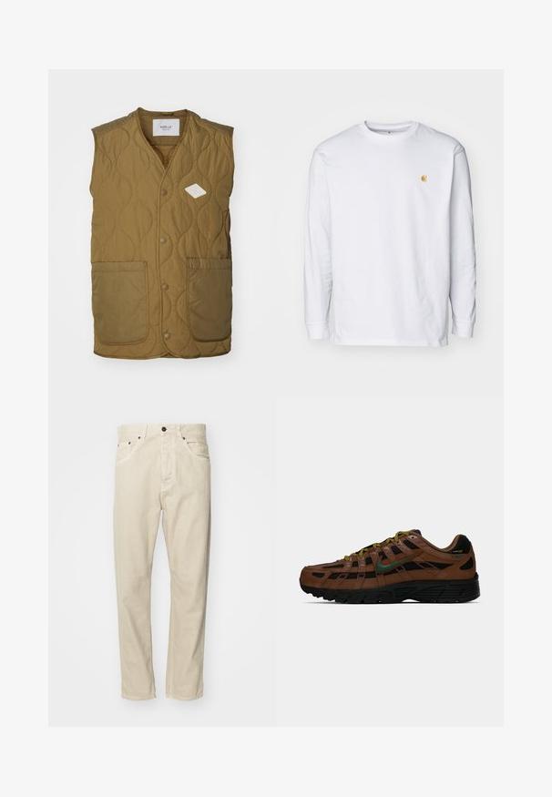 Chaleco acolchado en verde oliva con un parche de logo en forma de diamante, cuello redondo, botones a presión en la parte delantera y dos grandes bolsillos frontales.; Camiseta de manga larga blanca de algodón. Cuenta con un pequeño logo dorado en el pecho y un cuello redondo. Diseño simple y corte estándar.; Pantalones de algodón beige con diseño de pierna recta, cinco bolsillos y acentos de metal. Textura suave con detalles de costura mínimos.; Zapatilla baja en marrón y negro con el swoosh de Nike en verde, cordones amarillos y negros, y suela negra, vista lateral sobre fondo liso.