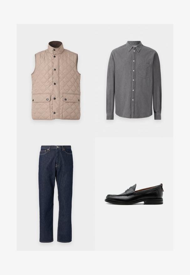 Barbour NEW LOWERDALE - Weste - washed stone; Grau langärmliges Hemd mit Knopfverschluss aus weichem Stoff, mit klassischem Kragen, einer Brusttasche und regulärem Knopfverschluss.; Dunkelblaue Denimjeans mit geradem Bein-Design. Verfügt über einen Knopf- und Reißverschluss, fünf Taschen und Kontrastnähte.; Schwarzer Leder-Herrenschuh mit Mokassinnaht, Penny-Riemen, strukturiertem Kragen und niedrigem gestapeltem Absatz auf weißem Hintergrund.