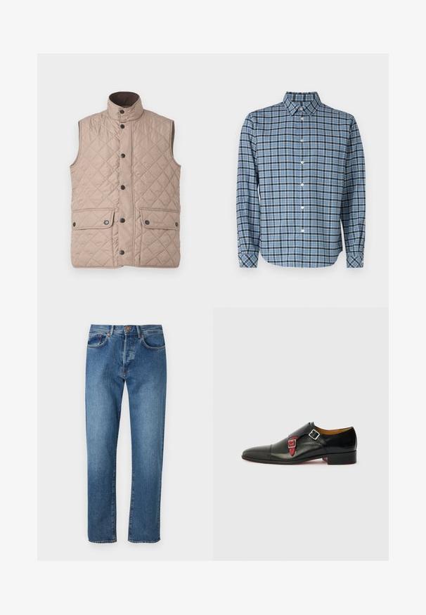 Barbour NEW LOWERDALE - Weste - washed stone; Hemd aus gewobenem Baumwollstoff, blau-schwarz kariert, mit langen Ärmeln, Kragen, weißen Knöpfen und verstellbaren Manschetten.; Hellblaue Denim-Jeans mit geradem Bein, fünf Taschen, Knopfverschluss und dezenter Ausbleichung an der Vorderseite.; Schwarzer Lederschuh mit spitzem Zeh, ausgestattet mit einem roten Riemen und einer silbernen Schnalle auf der Vorderseite. Niedriger Absatz, glatte Textur und minimale Akzente.