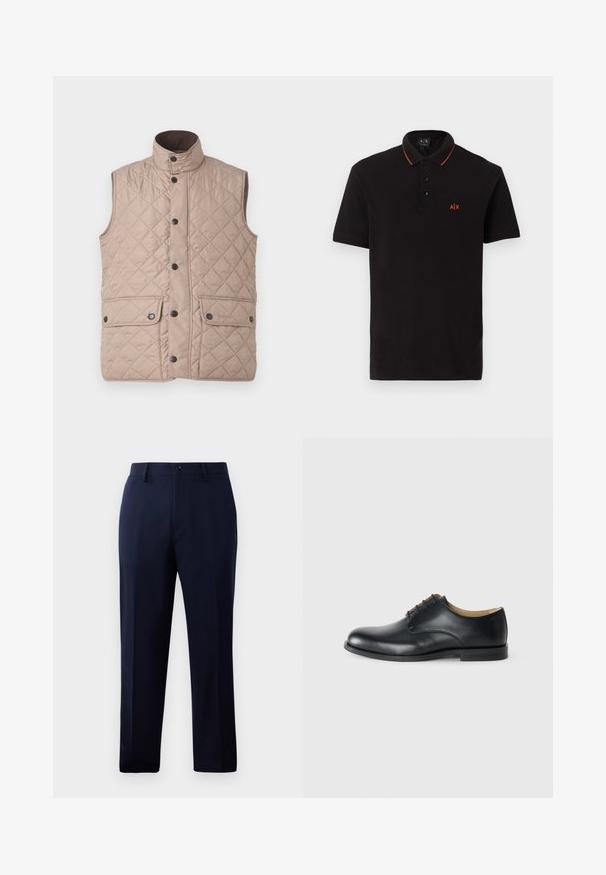 Barbour NEW LOWERDALE - Weste - washed stone; Schwarzes Polohemd mit kurzen Ärmeln und drei Knöpfen, orangem Besatz am Kragen und kleinem orangefarbenem A|X-Logo auf der linken Brust.; Marineblaue Hose aus glattem Stoff, mit klassischem geradem Bein, vorderen Taschen und einem Knopfverschluss in der Taille.; Calvin Klein ESS DERBY - Schnürer - triple black