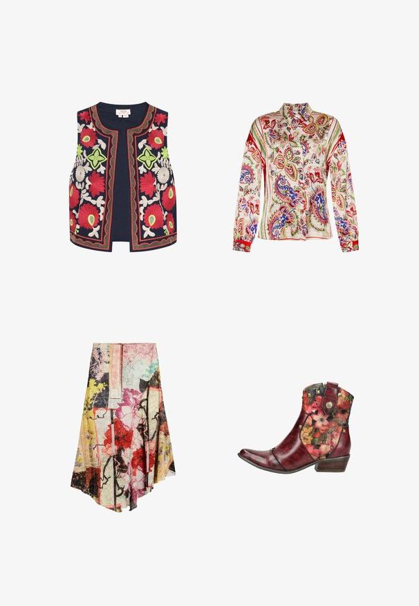 Chaleco bordado en navy con motivos florales coloridos en rojo, verde y blanco, con bordes decorativos en forma de concha y un diseño de frente abierto.; Blusa de manga larga en tejido ligero con un patrón de paisley multicolor y acentos en rojo, cuello con solapa y cierre de botones.; Falda asimétrica con patrones florales y abstractos de colores en tonos rojo, rosa, amarillo, negro y verde sobre un fondo claro.; Botín de piel roja con paneles de tela floral, tachuelas doradas, lengüeta lateral y tacón bajo de madera.
