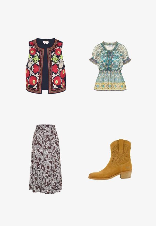Chaleco bordado en navy con motivos florales coloridos en rojo, verde y blanco, con bordes decorativos en forma de concha y un diseño de frente abierto.; Blusa ligera con estampado floral multicolor. Presenta un escote fruncido, mangas cortas abullonadas con bordes con volante y una cintura ceñida.; Falda midi marrón con estampado de paisley blanco, cintura elástica y bajo ligeramente acampanado y escalonado. Sin bolsillos ni adornos visibles.; Felmini Botines camperos - sand