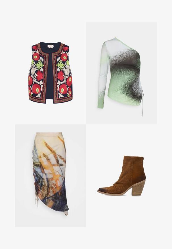 Marine geborduurde vest met kleurrijke bloemenmotieven in rood, groen en wit, met decoratieve golvende randen en een open voorkantontwerp.; Elleme ONE SHOULDER - Longsleeve - light green/white; Materiel DIAGONAL GATHERED SKIRT - Kokerrok - golden hour; Bruine suède enkellaars met gestapelde houten blokhak, zijrits en getextureerd geperforeerd patroon aan de voorkant en zijkanten.