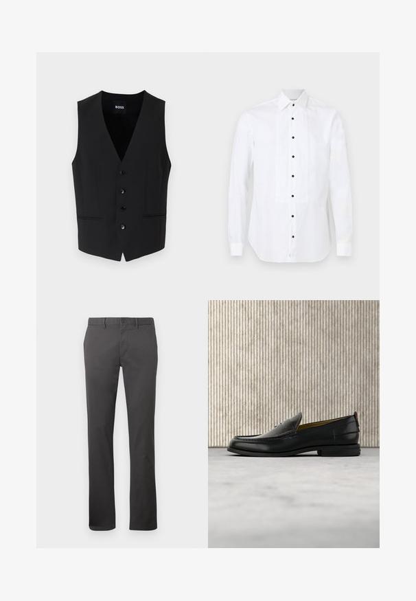 Chaleco negro ajustado con un profundo escote en V, cierre de cinco botones, dos bolsillos frontales y textura de tela suave. La etiqueta dice "BOSS."; Camisa de vestir blanca de manga larga con panel frontal plisado y botones negros, con cuello puntiagudo y puños abotonados.; Pantalones negros de tela lisa. Presentan un diseño clásico de pierna recta, cierre con botón y bolsillos laterales. Simples y versátiles.; Mocasín de cuero negro para hombre con empeine grabado en relieve de cocodrilo y tacón bajo, mostrado de perfil sobre un fondo neutro.