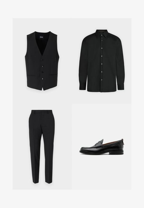 Μαύρο tailored γιλέκο με βαθύ V-ντεκολτέ, πεντακάβαλη κλεισίμα, δύο μπροστινές τσέπες και ομαλή υφή υφάσματος. Η ετικέτα αναγράφει "BOSS."; Μαύρο πουκάμισο με μακριά μανίκια, κουμπιά, μυτερό γιακά και μανσέτες με κουμπιά, εμφανίζεται πάνω σε απλό φωτεινό φόντο.; Μαύρο παντελόνι με σχεδίαση προσαρμοσμένη, με επίπεδο μπροστινό μέρος, λεπτομέρειες πιέτας και κομψή γραμμή. Κατασκευασμένο από λείο ύφασμα για μια εκλεπτυσμένη εμφάνιση.; Μαύρο δερμάτινο ανδρικό μοκασίνι με ραφή moc toe, λουράκι penny, υφασμένο γιακά και χαμηλό συστοιχισμένο τακούνι σε λευκό φόντο.