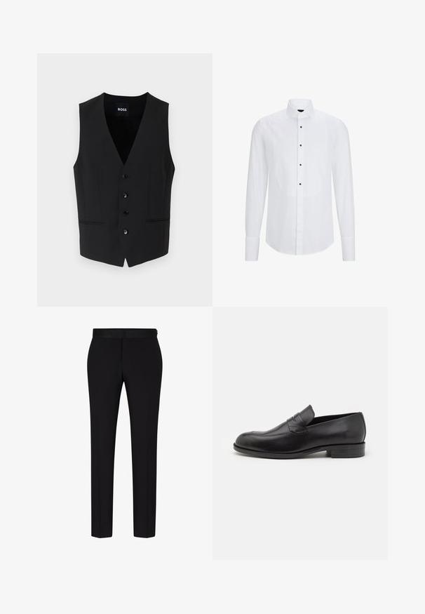 Chaleco negro ajustado con un profundo escote en V, cierre de cinco botones, dos bolsillos frontales y textura de tela suave. La etiqueta dice "BOSS."; Camisa blanca de manga larga con un panel frontal curvado, botones negros en el centro y un cuello clásico. Textura de tela suave.; BOSS H GENIUS TUX 231 - Pantalón de traje - black; Mocasines de cuero negro con punta redondeada y detalles de costura sutiles. Textura suave y tacón bajo con marca en la parte trasera.