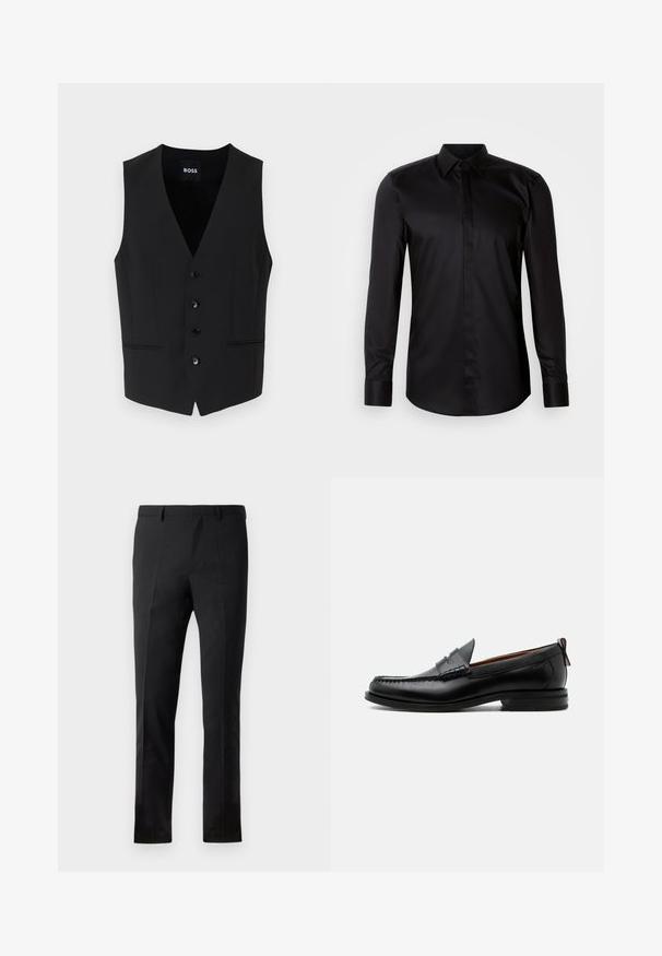 Zwart op maat gemaakte vest met een diepe V-hals, vijf knoopsluitingen, twee voorkeurszakken en een gladde stoftextuur. Label leest "BOSS."; Zwarte lange mouwen blouse van gladde stof met knoopsluiting. Voorzien van een klassieke kraag, een knoopsluiting aan de voorkant en contrasterende manchetten.; Zwarte broeken met een getailleerde pasvorm, voorzien van een flat front, twee plooien, riemlussen en een gladde textuur. Geen zichtbare patronen of hardware.; Zwarte leren herensloffen met moc toe stiksel, pennyriem, gestructureerde kraag en lage gestapelde hak op witte achtergrond.