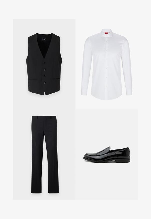 Μαύρο tailored γιλέκο με βαθύ V-ντεκολτέ, πεντακάβαλη κλεισίμα, δύο μπροστινές τσέπες και ομαλή υφή υφάσματος. Η ετικέτα αναγράφει "BOSS."; Λευκό πουκάμισο με μακριά μανίκια, με κουμπιά, φτιαγμένο από λεία βαμβακερή ύφανση. Διαθέτει κλασικό γιακά, πλήρη σειρά κουμπιών και στρογγυλή ποδιά.; Μαύρο κομμένο παντελόνι με ευθεία γραμμή, καστανές πιέτες και λεία υφή. Φτιαγμένο από ελαφρύ ύφασμα με καθαρή μέση.; Μαύρο γυαλιστερό δερμάτινο επίσημο παπούτσι τύπου slip-on με χαμηλό τακούνι και στρογγυλεμένη μύτη, από πλάγια όψη σε λευκό απλό φόντο.