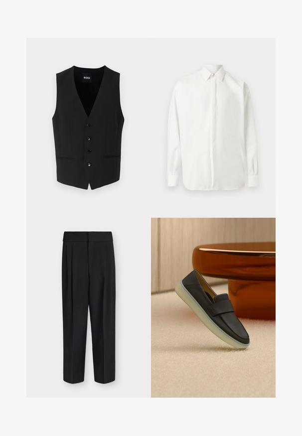 Must tumeeritud vest sügava V-kaelusega, viie nööbiga kinnis, kahe esikoti ja sileda kangastruktuuriga. Silt ütleb "BOSS."; Valge pika varrukaga nööpidega värvel, millel on terav krae ja nööpidega mansetid, esitatud lahtiselt helehallil taustal.; Mustad kõrge vöökohaga sirged püksid, ees voldid ja lai vöökoht, kujutatud lamedalt valgel taustal.; Mustast nahast king lõuendpaksu valge tallaga, mis on paigutatud beežile vaibale ümara, merevaigukollase toaga laua kõrvale.